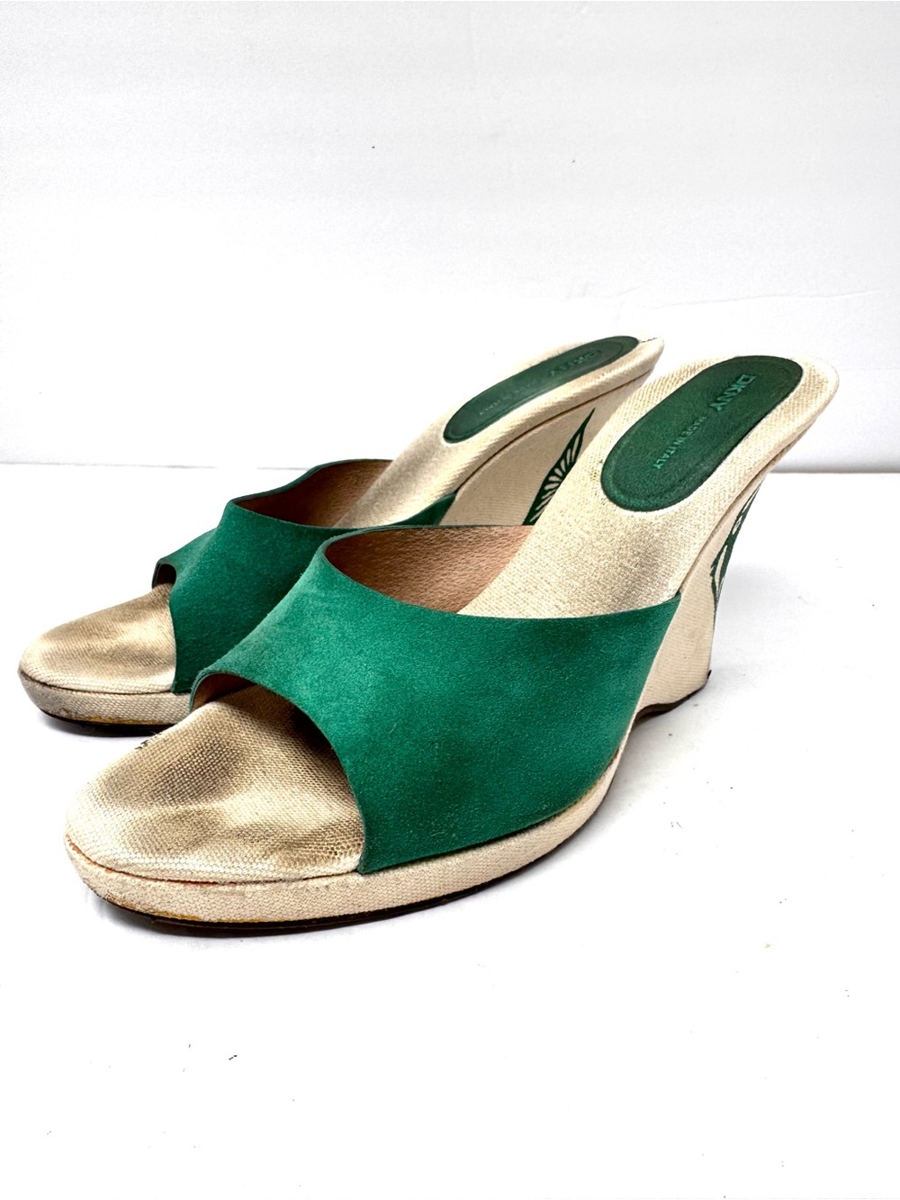 DKNY green suede peep toe wedges, made in Italy, size 8.5